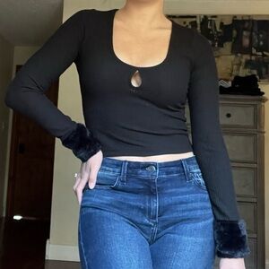 H&M Black Long Sleeve Crop Top with Cut-Out Furry Sleeves